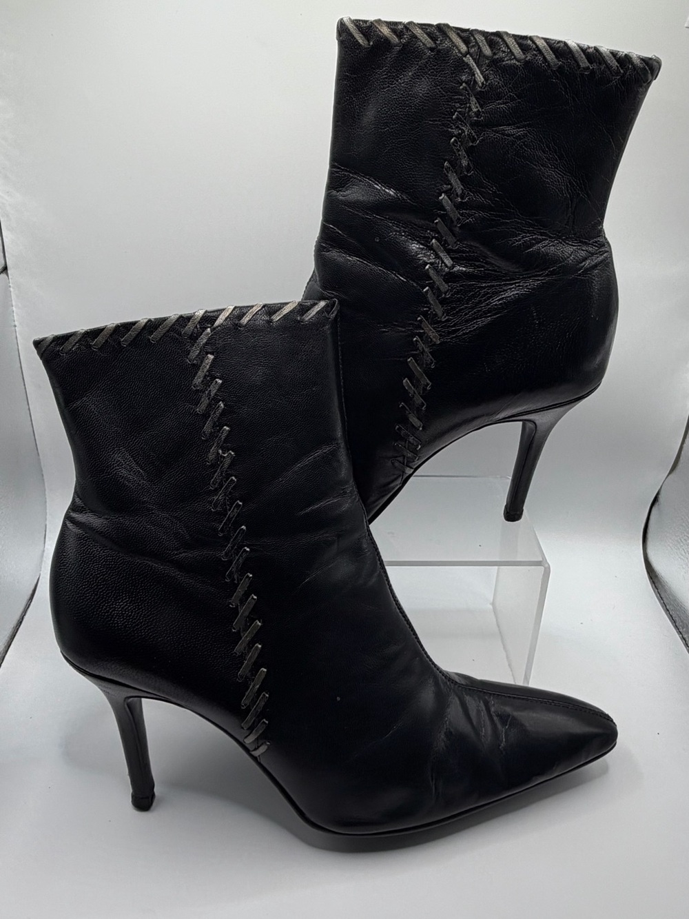 Emilio Bertolini Black Leather Whipstitched Ankle Booties -9M